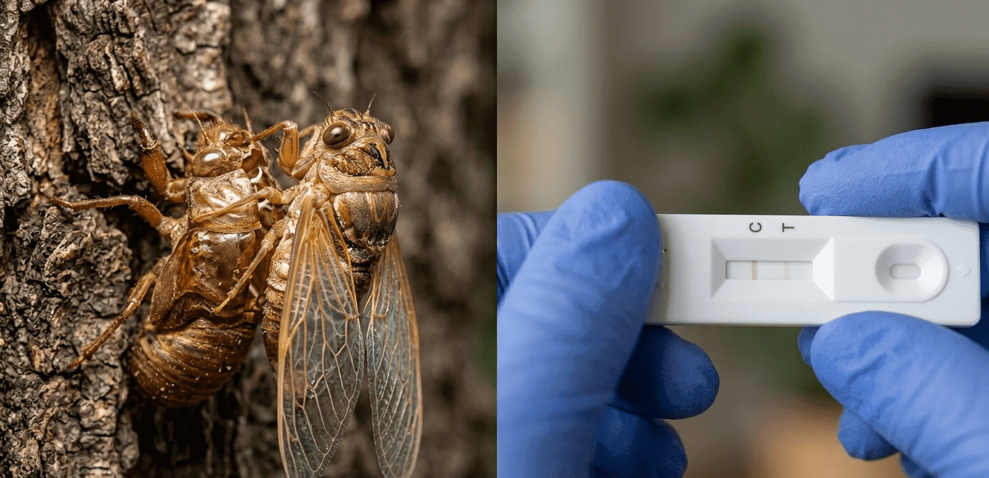 COVID-19 Cicada variant BA.3.2 concept showing a cicada insect emerging alongside a positive COVID rapid test, symbolising the re-emergence of the new BA.3.2 strain in 2026