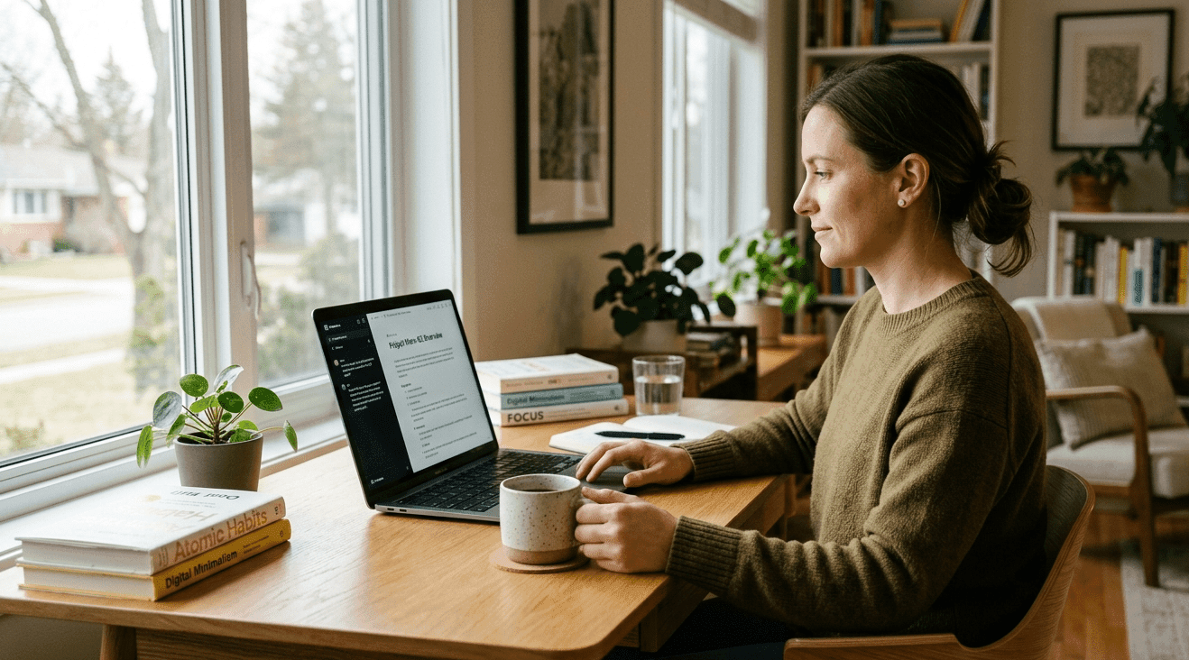person using AI tools in daily life at a minimal desk with laptop and coffee in natural morning light