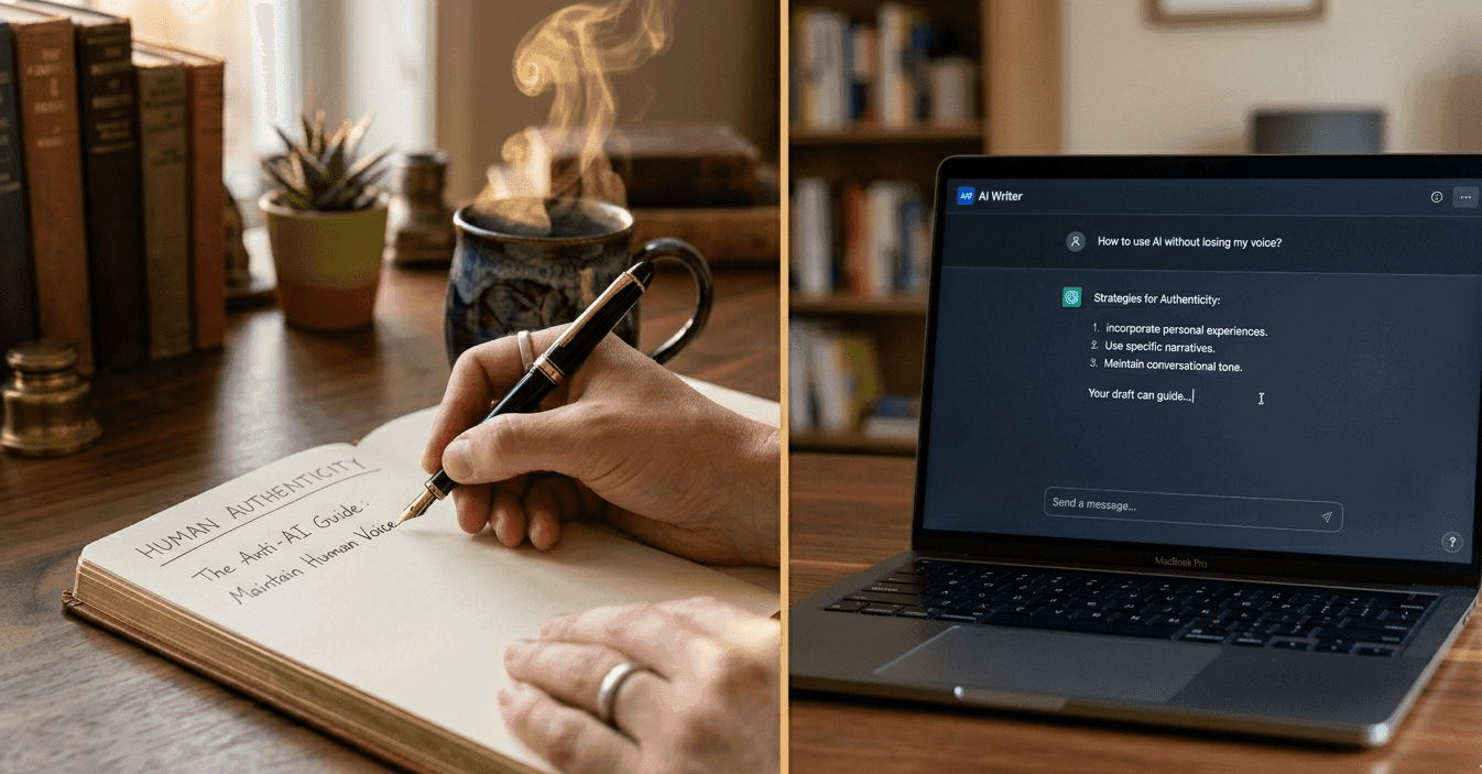 human-authored content vs AI summaries concept showing a person writing by hand beside an AI chat interface on a laptop in 2026