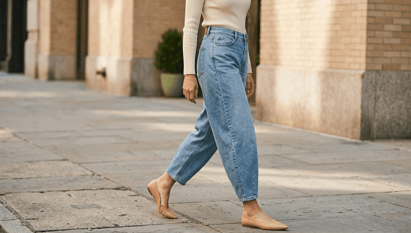barrel leg jeans styled with a fitted knit and ballet flats showing the curved silhouette and ankle taper — complete style guide for every body type