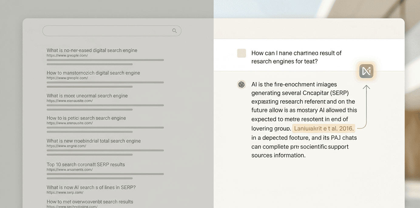 Generative Engine Optimization concept showing traditional SEO blue links fading while AI-generated answer cites a source — GEO strategy 2026
