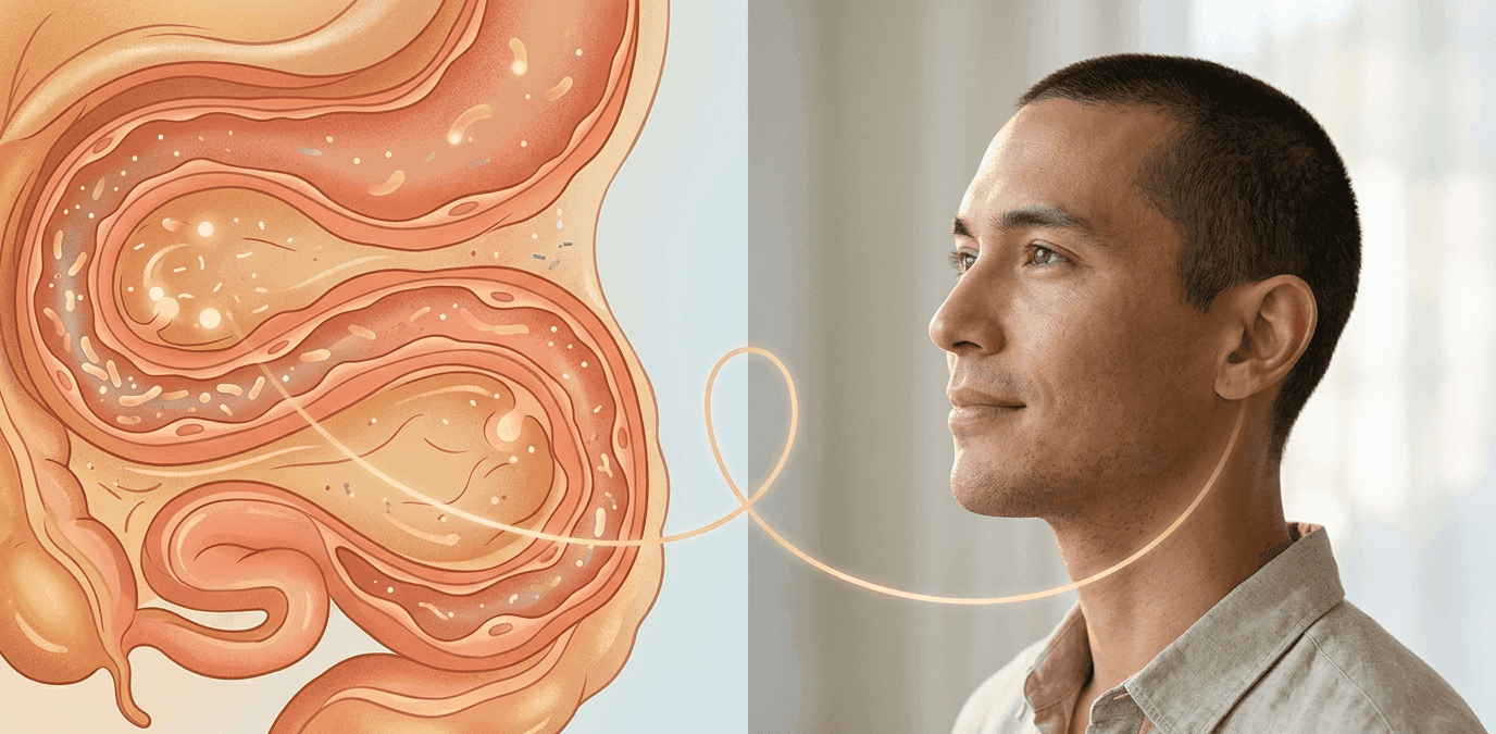 postbiotics for brain fog concept showing the gut-brain axis connection between gut microbiome health and cognitive clarity in 2026