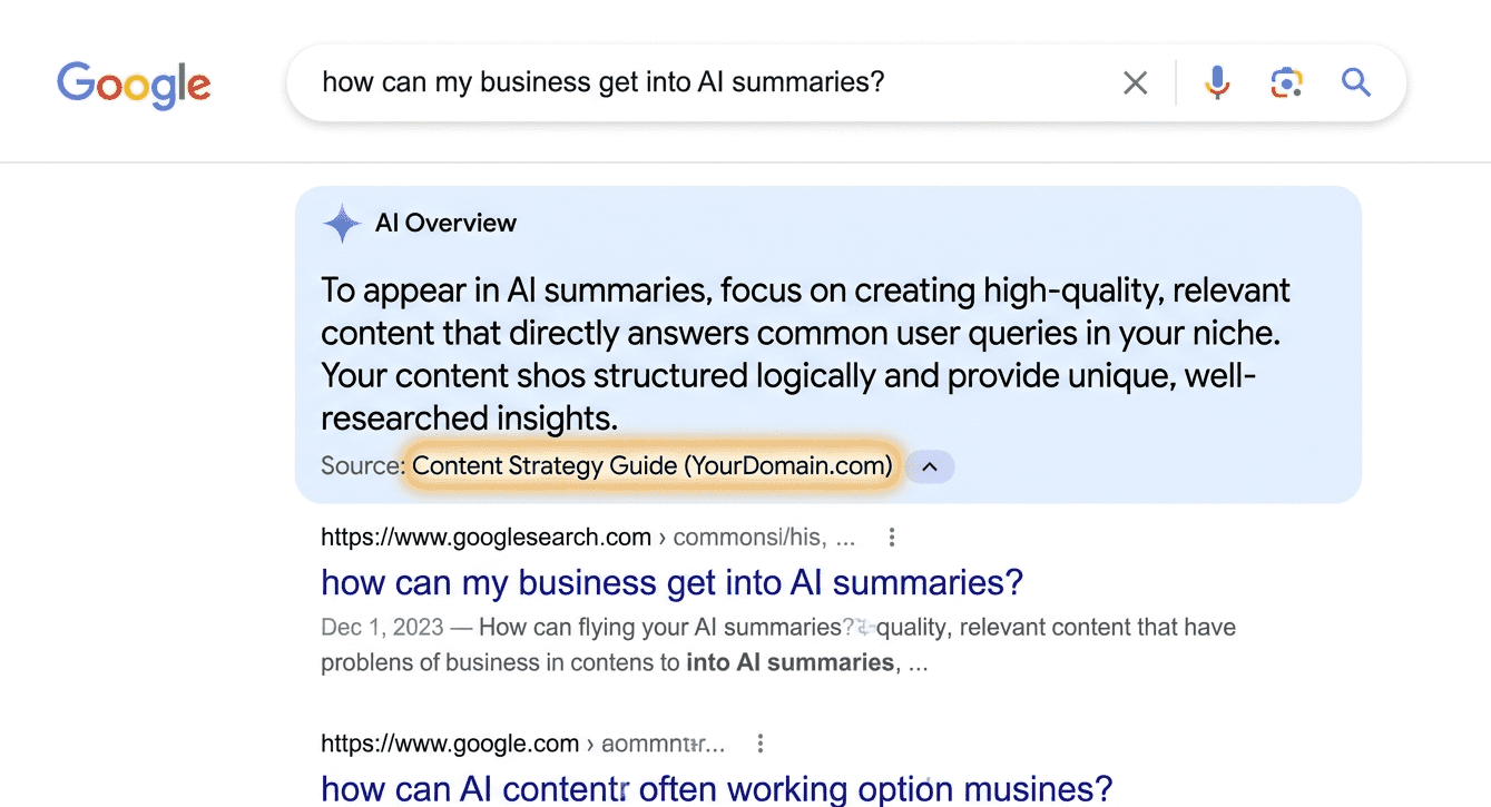SEO for AI Overviews 2026 — Google search results showing an AI Overview citation at the top of the SERP above traditional organic results