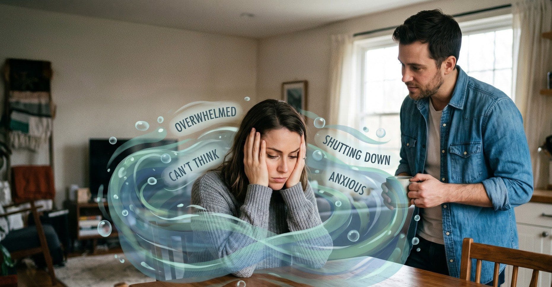 A woman sits at a wooden table with her head in her hands, appearing highly stressed, while a concerned man stands nearby looking at her and holding a mug. A graphic of swirling, semi-transparent water surrounds the woman, containing floating text bubbles that read 'OVERWHELMED,' 'CAN'T THINK,' 'SHUTTING DOWN,' and 'ANXIOUS.' The headline 'You’re Not a Bad Partner – You’re Emotionally Flooded' is prominently displayed at the top of the image