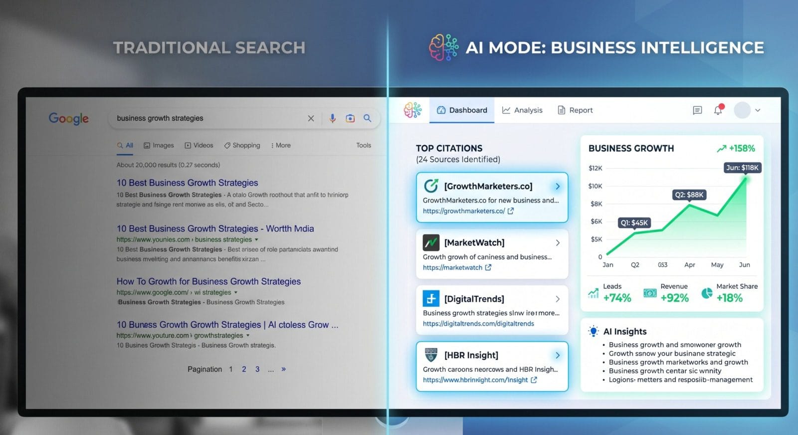 Split screen comparing traditional search results to Google AI Mode citations for small business optimization
