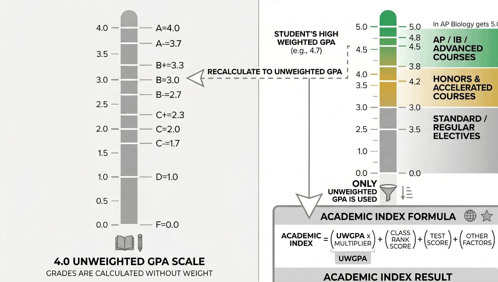 Diagram comparing unweighted vs weighted GPA scales showing Ivy League Academic Index uses only the 4.0 unweighted score