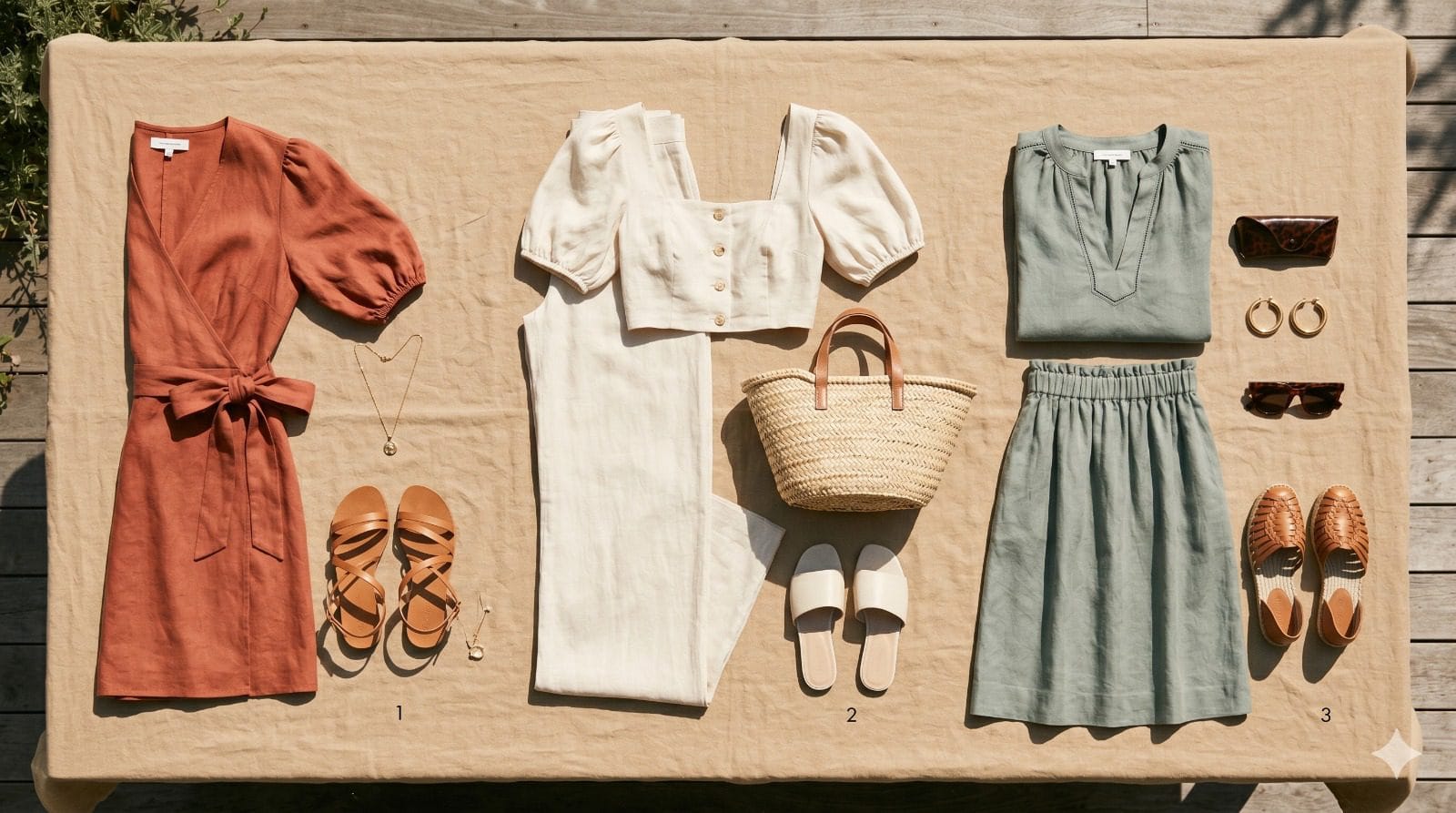 Summer outfit flatlay for wide hips short torso: wrap dress, wide-leg trousers, high-rise midi skirt styled